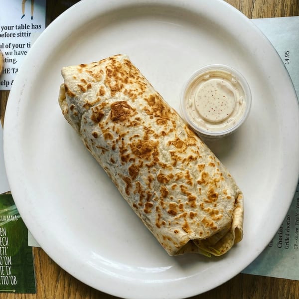 A large, grilled burrito on a white plate with a side of creamy sauce.